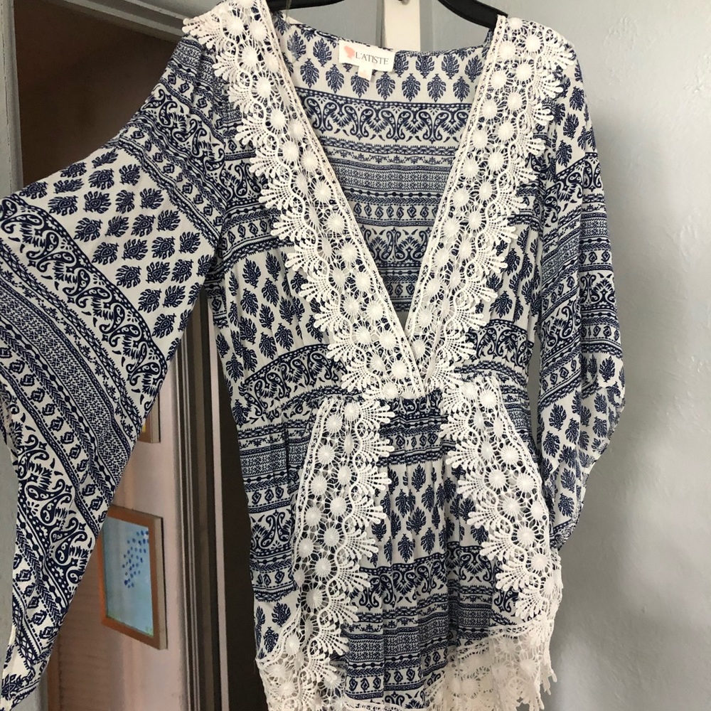 Navy and White Romper with Crochet Detailing